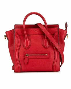 Tote Bags*Celine Preloved Nano Leather Luggage Tote with Detachable Strap and Zip Red