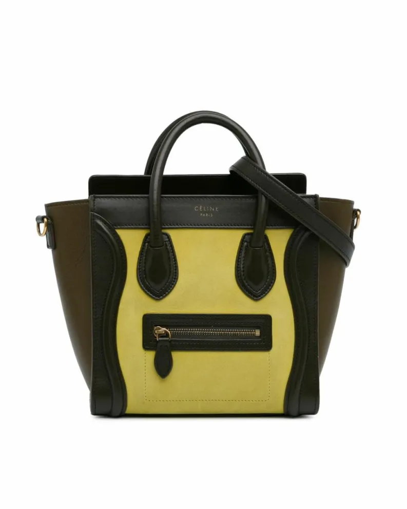 Tote Bags*Celine Preloved Nano Tricolor Nubuck and Calfskin Luggage Tote with Rolled Yellow
