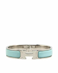 Bracelets*Hermes Preloved Narrow Enamel Clic H Bracelet with Palladium-Plated Body Blue