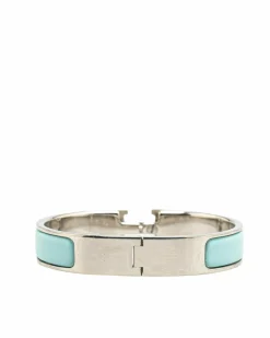 Bracelets*Hermes Preloved Narrow Enamel Clic H Bracelet with Palladium-Plated Body Blue