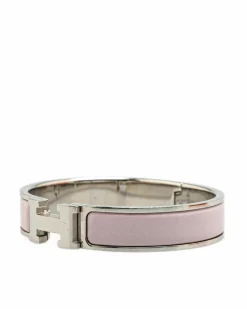 Bracelets*Hermes Preloved Narrow Enamel Clic H Bracelet with Palladium Plating Pink