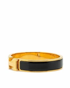 Bracelets*Hermes Preloved Narrow Enamel Clic Clac H Bracelet with Gold-Plated Metal Black