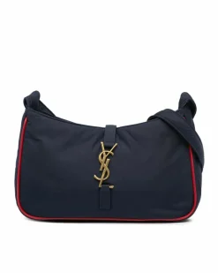 Shoulder Bags*Saint Laurent Preloved Nylon Shoulder Bag with Leather Strap and Interior Zip Pocket Blue