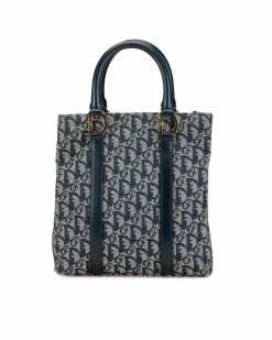 Tote Bags*Dior Preloved Oblique Trotter Canvas Tote Bag with Leather Handles Blue