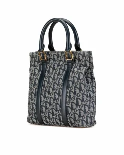 Tote Bags*Dior Preloved Oblique Trotter Canvas Tote Bag with Leather Handles Blue