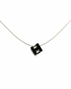 Necklaces*Hermes Preloved Palladium Plated Cage dH Cube Necklace with Enamel Details Black