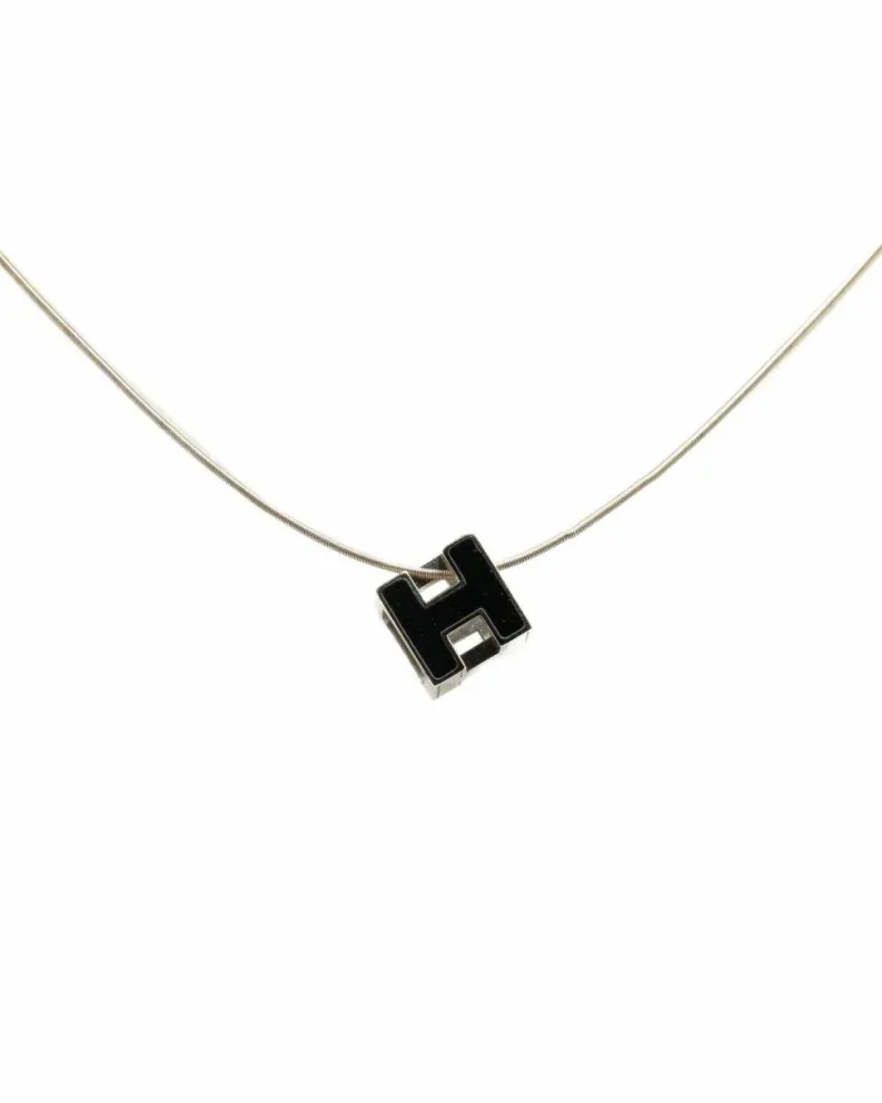 Necklaces*Hermes Preloved Palladium Plated Cage dH Cube Necklace with Enamel Details Black