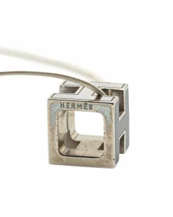 Necklaces*Hermes Preloved Palladium Plated Cage dH Cube Necklace with Enamel Details Black