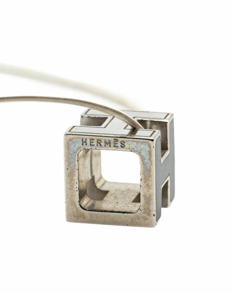 Necklaces*Hermes Preloved Palladium Plated Cage dH Cube Necklace with Enamel Details Black