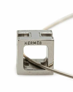 Necklaces*Hermes Preloved Palladium Plated Cube Pendant Necklace with Enamel Details Silver