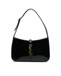 Shoulder Bags*Saint Laurent Preloved Patent Leather Shoulder Bag with Flat Strap and Zip Pocket Black