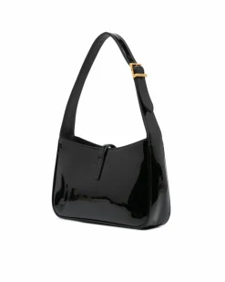 Shoulder Bags*Saint Laurent Preloved Patent Leather Shoulder Bag with Flat Strap and Zip Pocket Black