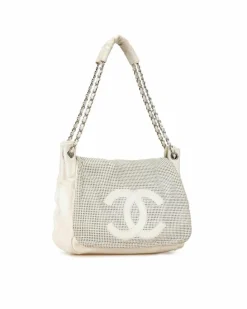 Shoulder Bags*Chanel Preloved Perforated Caviar Leather Accordion Shoulder Bag White