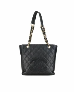 Tote Bags*Chanel Preloved Petite Quilted Leather Shopping Tote with Curb Chain Handles Black