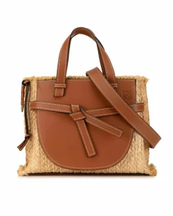Tote Bags*LOEWE Preloved Puzzle Small Tote Bag in Straw and Leather Brown