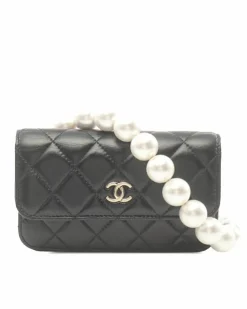 Clutch Bags*Chanel Preloved Quilted Calfskin Clutch with Faux Pearl Strap and Chain Black