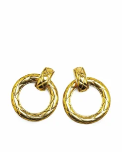 Earrings*Chanel Preloved Quilted Circle Drop Clip-On Earrings Gold