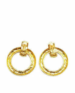 Earrings*Chanel Preloved Quilted Circle Drop Clip-On Earrings Gold