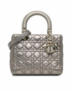 Tote Bags*Dior Preloved Quilted Lambskin Leather Tote with Detachable Strap Silver