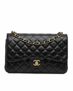 Shoulder Bags*Chanel Preloved Quilted Lambskin Leather Double Flap Shoulder Bag with Chain Black