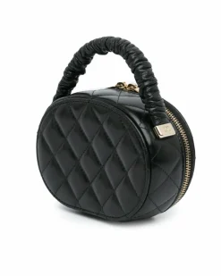 Clutch Bags*Chanel Preloved Quilted Lambskin Oval Top Handle Clutch Black