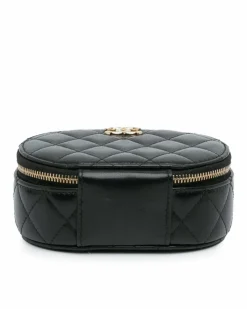 Clutch Bags*Chanel Preloved Quilted Lambskin Oval Top Handle Clutch Black