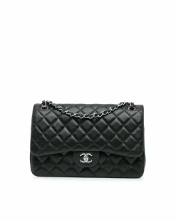 Shoulder Bags*Chanel Preloved Quilted Lambskin Double Flap Shoulder Bag with Chain Straps Black