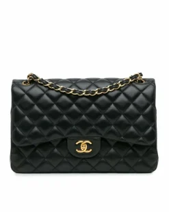 Shoulder Bags*Chanel Preloved Quilted Lambskin Leather Double Flap Shoulder Bag with Chain Black