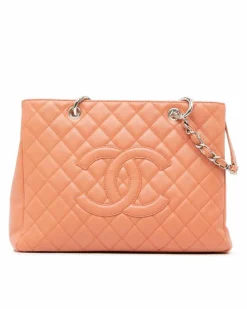 Tote Bags*Chanel Preloved Quilted Leather Grand Shopping Tote with Chain Straps Pink