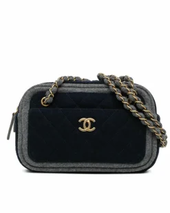 Shoulder Bags*Chanel Preloved Quilted Wool Shoulder Bag with Chain Straps and Multiple Blue