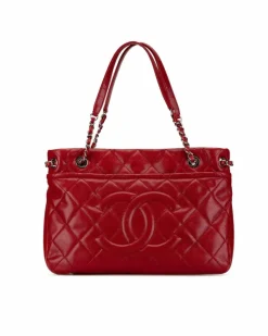 Tote Bags*Chanel Preloved Quilted Caviar Leather Tote Bag Authentic Quilted Red