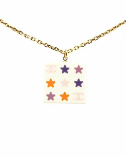 Necklaces*Chanel Preloved Resin Square Pendant Necklace with Gold-Tone Chain White
