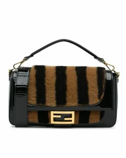 Shoulder Bags*Fendi Preloved Shearling Baguette Satchel with Patent Leather Trim and Black