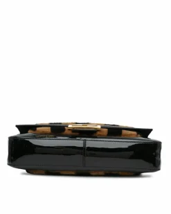 Shoulder Bags*Fendi Preloved Shearling Baguette Satchel with Patent Leather Trim and Black