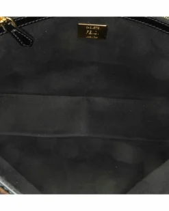 Shoulder Bags*Fendi Preloved Shearling Baguette Satchel with Patent Leather Trim and Black