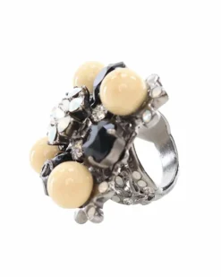 Rings*Chanel Preloved -Toned Rhinestone Flower Ring Silver