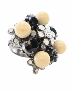 Rings*Chanel Preloved -Toned Rhinestone Flower Ring Silver