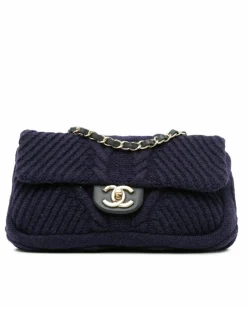 Shoulder Bags*Chanel Preloved Small Cable Knit Flap Shoulder Bag with Chain Straps Blue