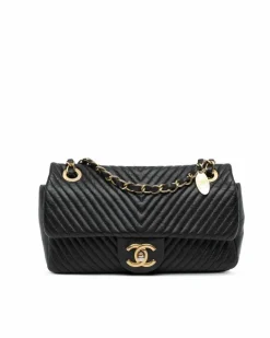 Shoulder Bags*Chanel Preloved Small Chevron Wrinkled Lambskin Medallion Charm Surpique Flap Black