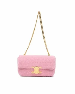Shoulder Bags*Celine Preloved Tweed Chain Shoulder Bag with Gold-Tone Chain-Link Strap Pink
