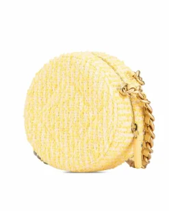 Clutch Bags*Chanel Preloved Tweed Round Clutch with Chain-Link Handle and Leather-Woven Yellow