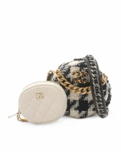 Clutch Bags*Chanel Preloved Tweed Round Clutch with Chain and Coin Purse White