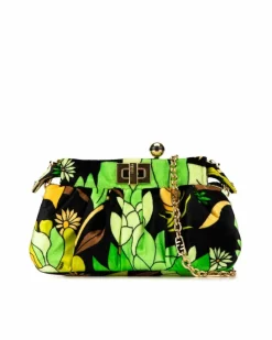 Clutch Bags*Fendi Preloved Velvet Clutch with Chain Link Strap and Twist Lock Closure Green