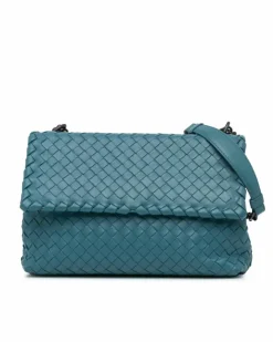 Shoulder Bags*Bottega Veneta Preloved Woven Leather Shoulder Bag with Chain Straps and Magnetic Blue