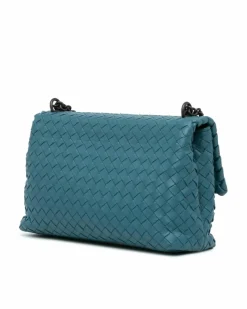 Shoulder Bags*Bottega Veneta Preloved Woven Leather Shoulder Bag with Chain Straps and Magnetic Blue