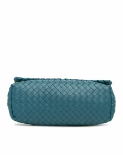 Shoulder Bags*Bottega Veneta Preloved Woven Leather Shoulder Bag with Chain Straps and Magnetic Blue