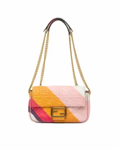Shoulder Bags*Fendi Preloved Zucca Embossed Chain Midi Baguette Shoulder Bag with Interior Pink
