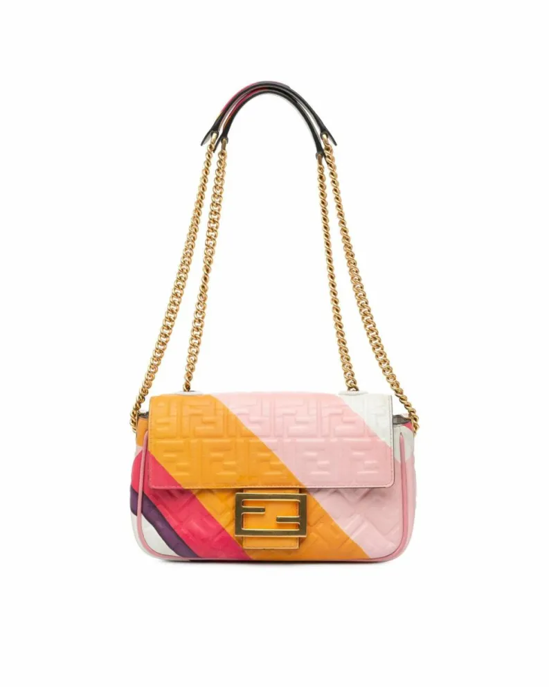 Shoulder Bags*Fendi Preloved Zucca Embossed Chain Midi Baguette Shoulder Bag with Interior Pink
