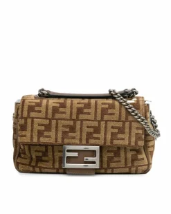 Shoulder Bags*Fendi Preloved Zucca Wool Chain Link Shoulder Bag with Interior Zip Pocket Brown