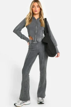 Up To 80% Off Winter Warmers|Athleisure*boohoo Premium Acid Wash Heavyweight Rib Hoodie And Flare Tracksuit charcoal